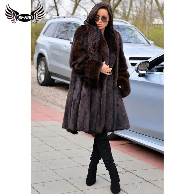 BFFUR 2022 Women Winter Real Mink Fur Coat Full Pelt Genuine Mink Fur Jacket Long Natural Fur Coats Woman Luxury Overcoat