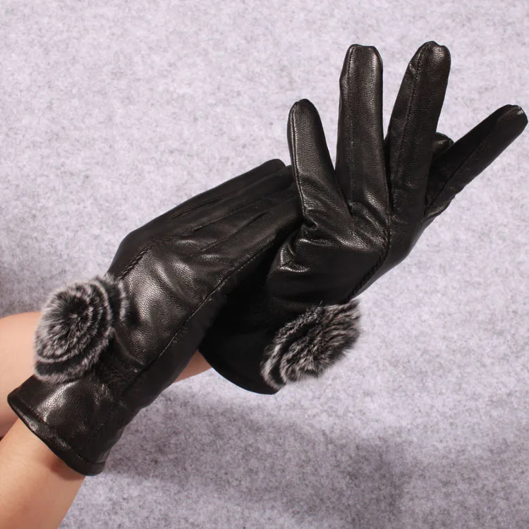 Hair Ball Black Женские перчатки из натуральной овечьей кожи с бабочкой, нотл, натуральный мех кожа, Женские варежки, женские зимние толстые теплые перчатки для вождения, G200 - Цвет: Hair Ball Black