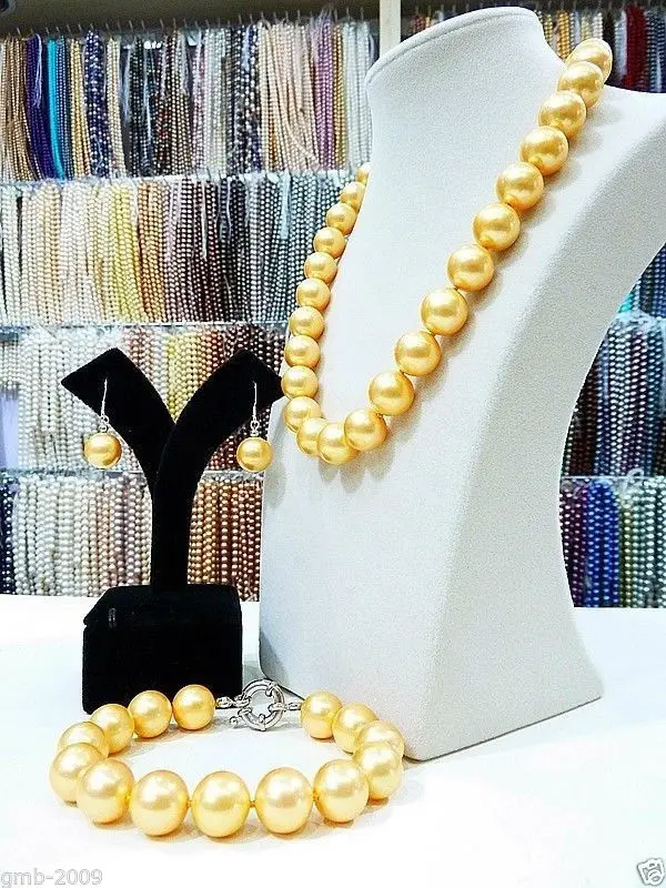 

Handmade 12mm Yellow South Sea Shell Pearl Necklace Bracelet Earrings A Set