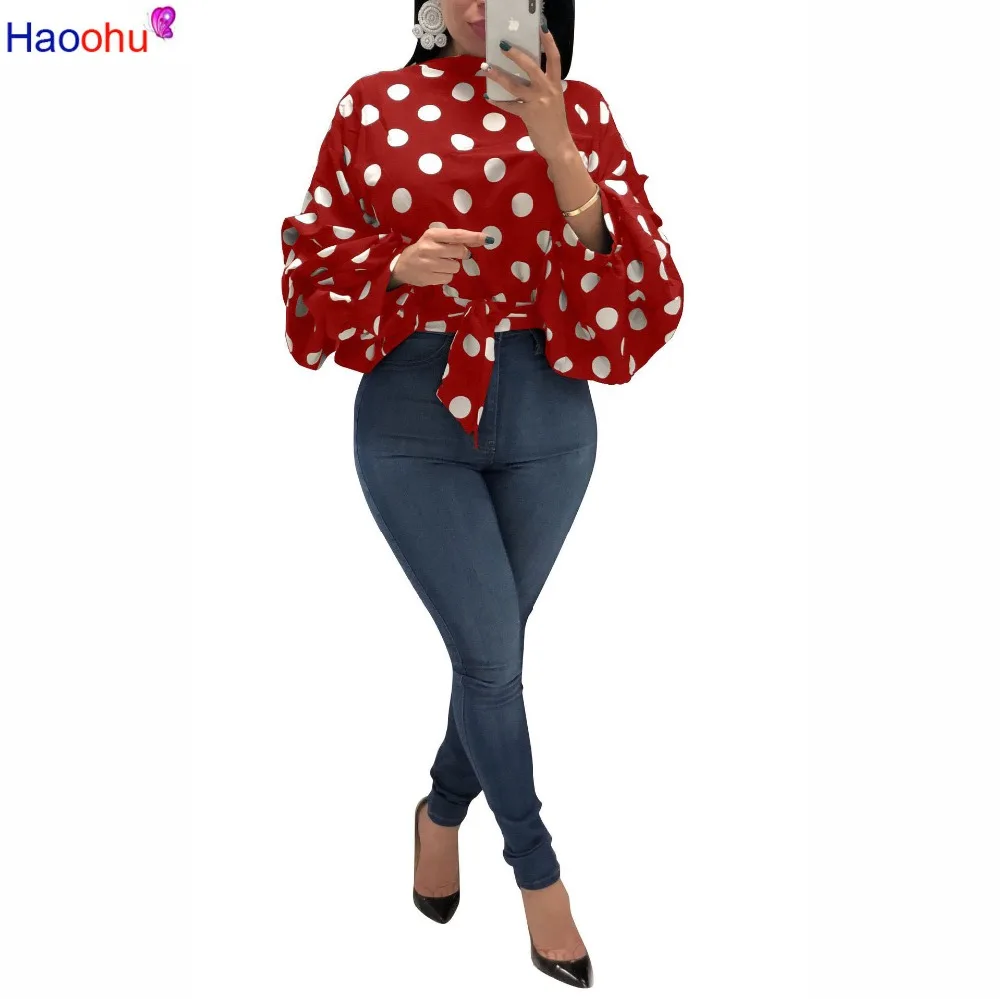 

HAOOHU Polka Dot Plus Size Womens Tops And Tunic Vintage Bow Long Sleeve Sexy Shirts Autumn Casual Clothes Crop