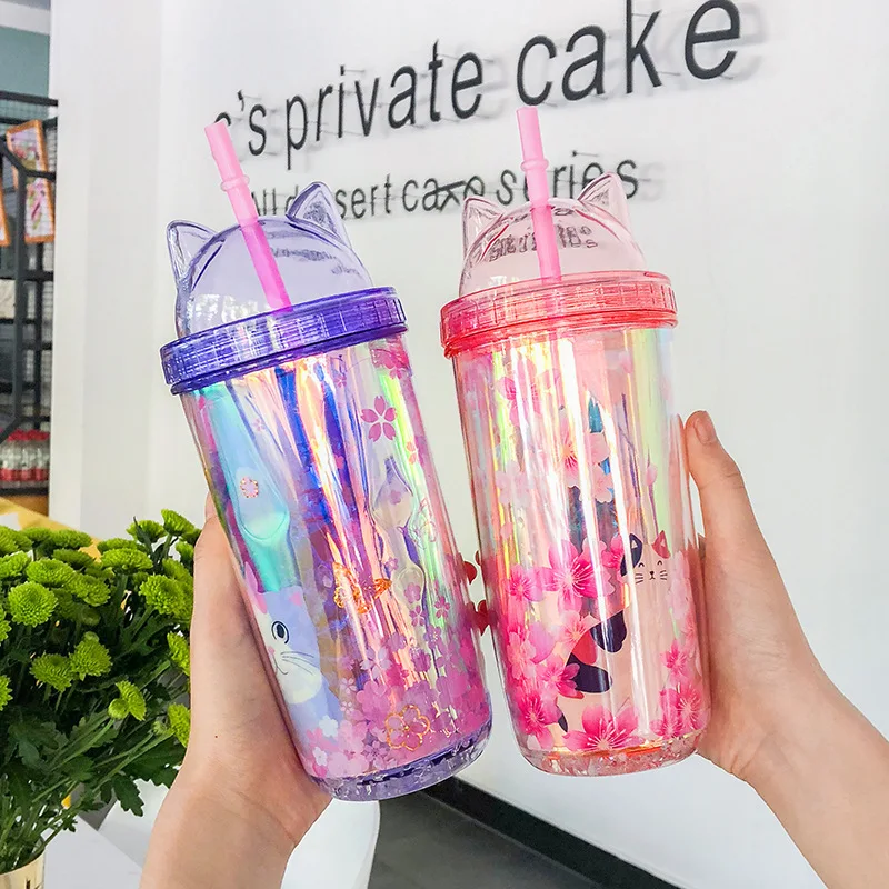 Супермилые красочные двойные питьевые чашки с кошачьими ушками и соломинкой