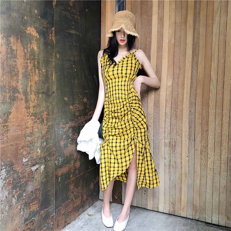 2018 женское платье Новый Летний Тонкий модное в клетку без рукавов с v-образным