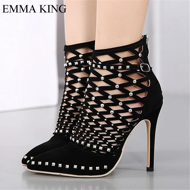 

EMMA KING 2018 Rivet Sexy Back Zipper Women Boots Pointed Toes Laser Fashion Party Shoes Thin High Heels Hollow Out Size 35-43