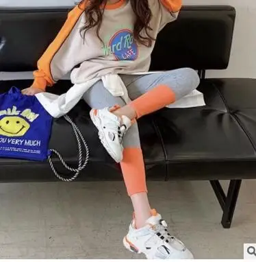 Children's wear autumn new children's clothing girls leggings girls contrast color stitching bottoming pants fashion - Цвет: Оранжевый