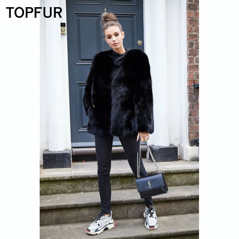 TOPFUR 2019 Новый стиль натуральным лисьим мехом пальто женский черный Цвет с