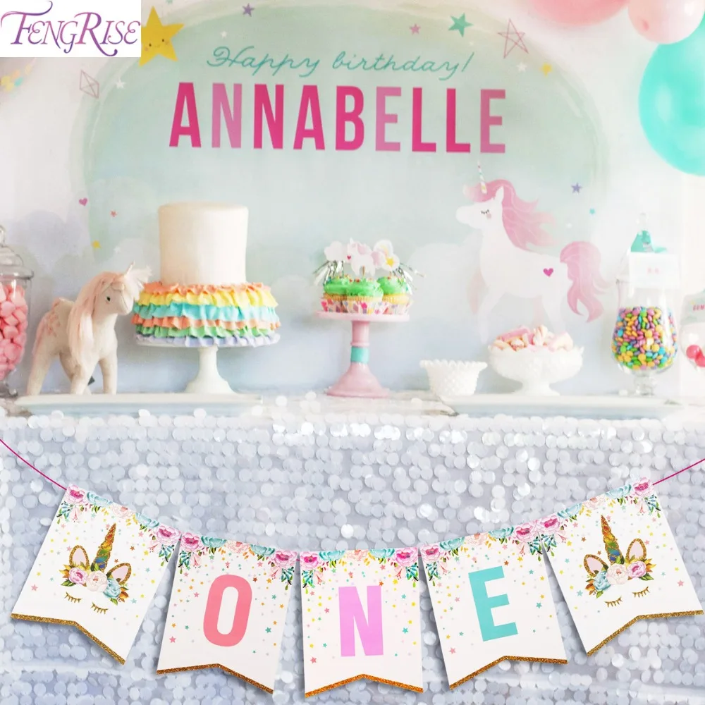 FENGRISE Блестящий единорог с днем рождения баннер &quotI Am One&quot Baby Shower Детские сувениры