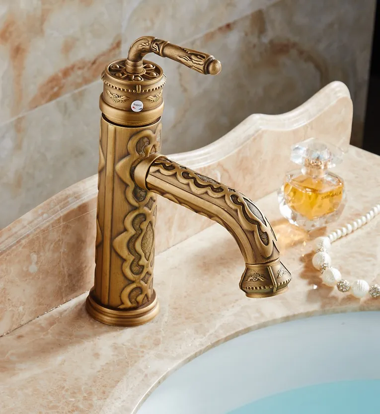 

Vintage Retro Carved Flower Pattern Antique Brass Single Lever Handle Bathroom Faucet Sink Basin Mixer Tap anf329
