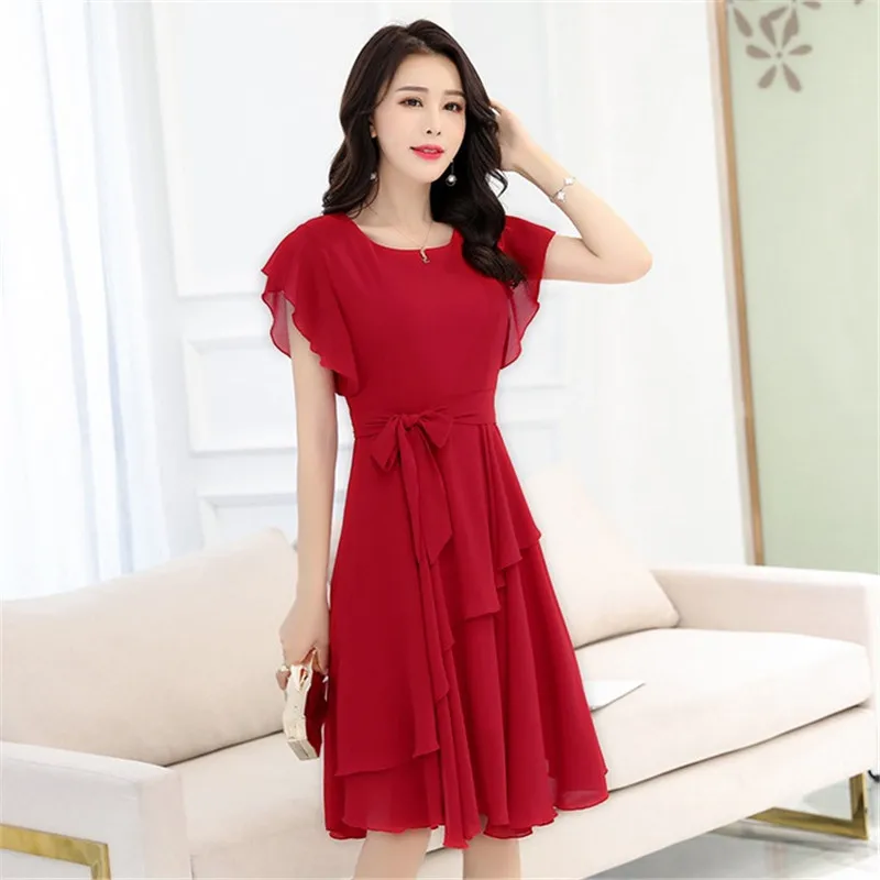 Женское шифоновое платье с оборками летнее коротким рукавом и широкой юбкой