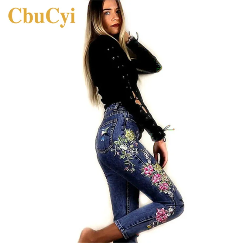 CbuCyi женская одежда джинсовые брюки с цветочной вышивкой длинные прямые синие