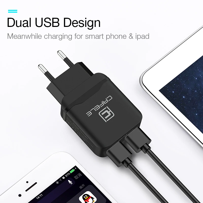 CAFELE, зарядное устройство USB для путешествий, штепсельная вилка европейского стандарта 2,4 А, двойной выход, универсальный адаптер, зарядное устройство для смартфонов, зарядное устройство для iPhone, huawei, Xiaomi