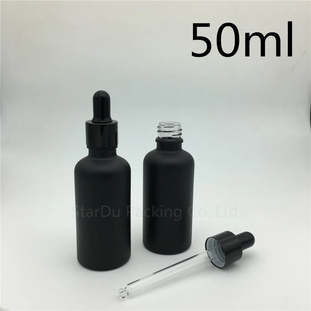 

Free Shipping 10pcs 50ml Black Frosted Glass Essential Oil Bottle With Black Aluminum Ring Dropper Glass Perfume Bottle