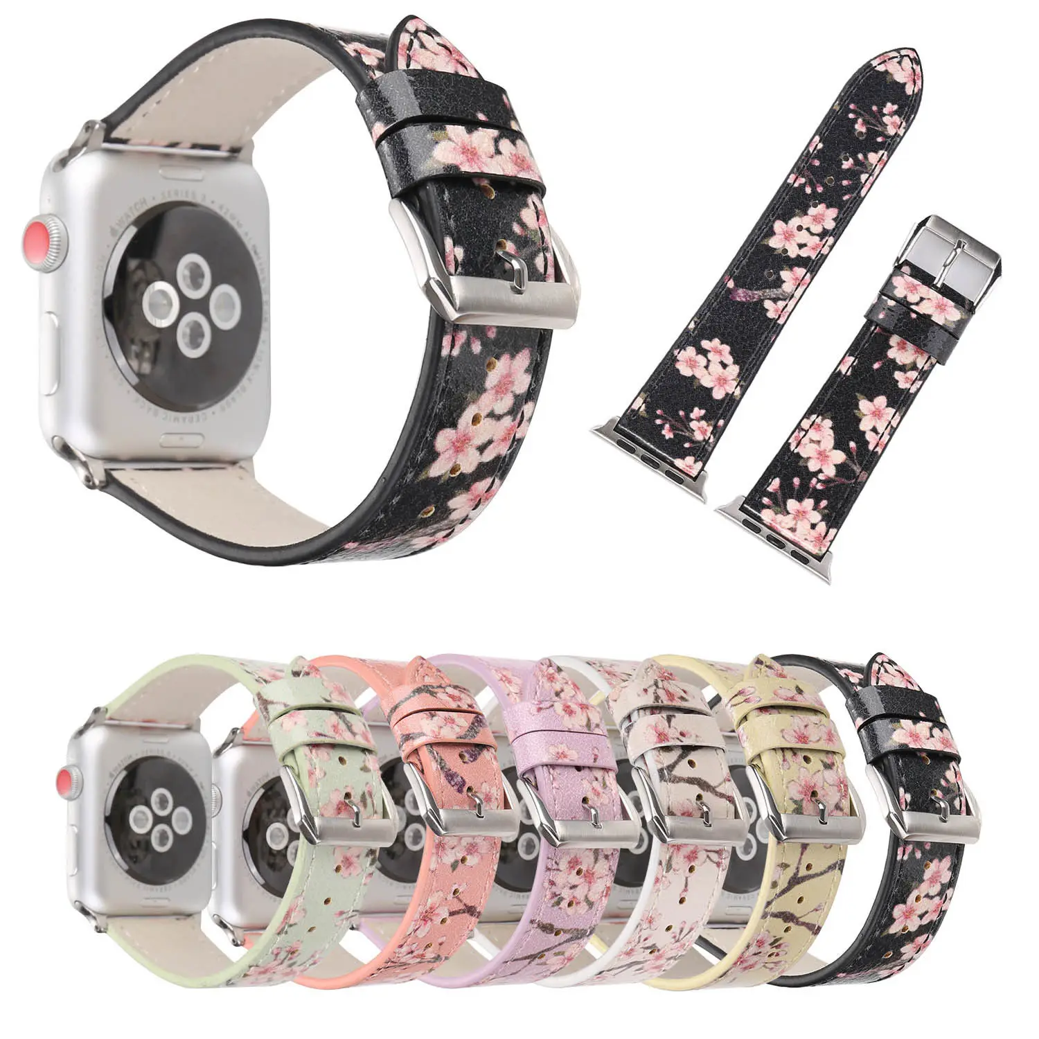 Ремешок кожаный для Apple Watch браслет с сельскими цветами сливы iWatch Series 5 4 3 2 1 38 мм 42 40