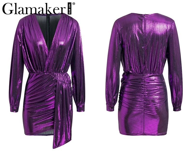Glamaker, атласный пояс, длинный рукав, сексуальное женское платье, плиссированные, короткие, вечерние, для клуба, мини-платье, женское, v-образный вырез, шикарное платье, осень, vestidos