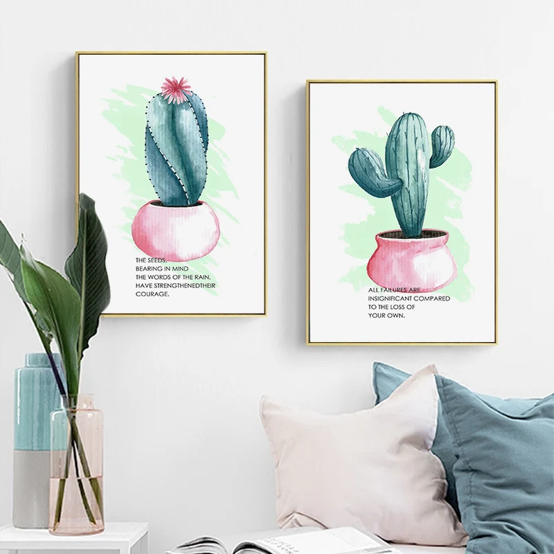 Nordic Watercolour Pink Plant Print Green cactus Art Canvas Painting Life Quotes Wall Poster Minimalist Picture for Living Room | Дом и сад