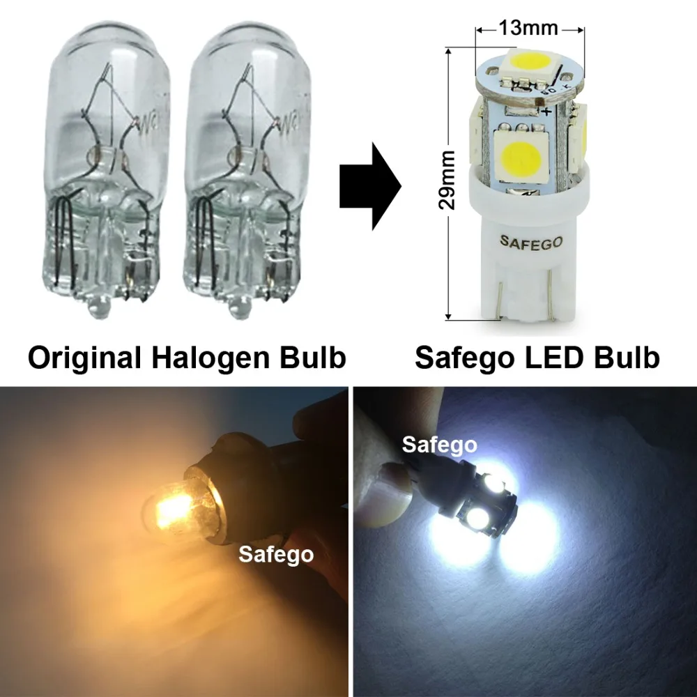 Safego 200 шт. T10 W5W 168 194 2825 5 SMD светодиодный светильник для салона автомобиля 5050 белый