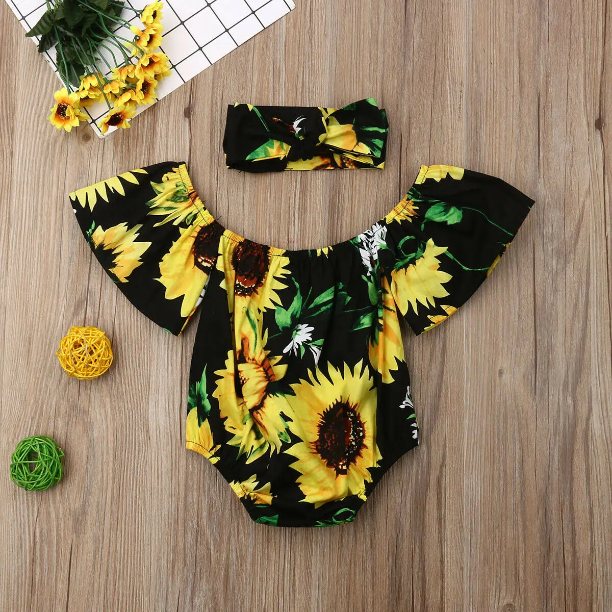 

Summer Clothes Newborn Infant Baby Girl SunFlower Romper Bodysuit 3Pcs Outfit