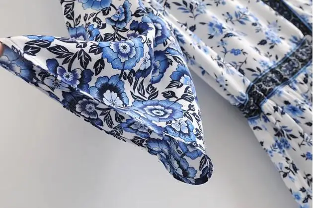 BOHO Deep V neck Open Buttons Blue white Floral Print Dress 2018 Ethnic Woman Half Sleeve Swing Maxi Long Dresses | Женская одежда