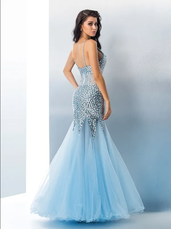Роскошные 2016 Вечерние Платья Русалка Тюль Кристалл Бисероплетение Спинки V Шеи