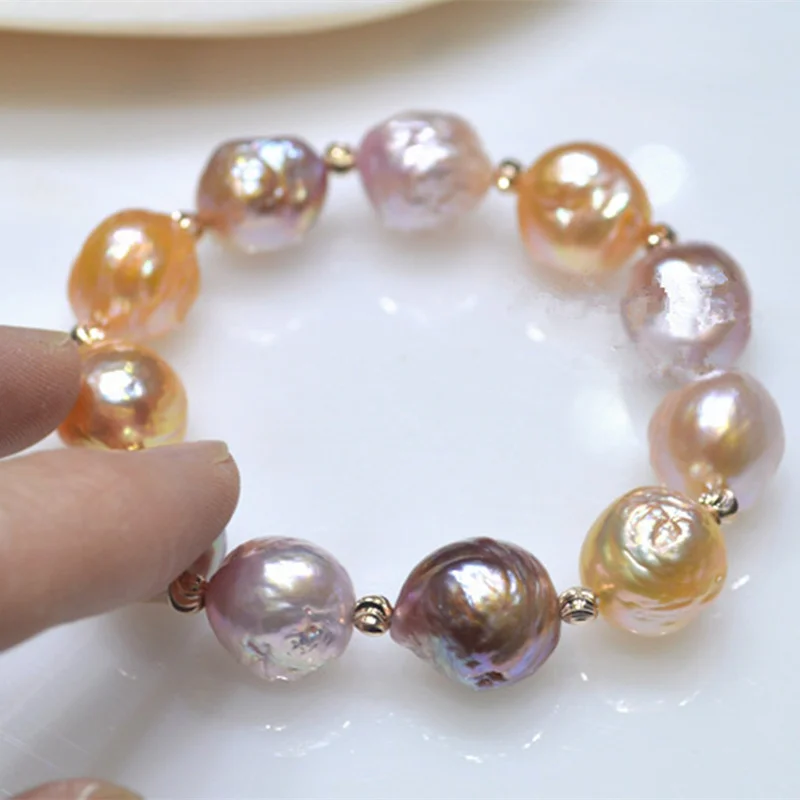 Подлинный 100% натуральный браслет из разноцветных барочных жемчужин 11-13 мм, модные эластичные браслеты из розового золота для женщин, бесплатная доставка.
