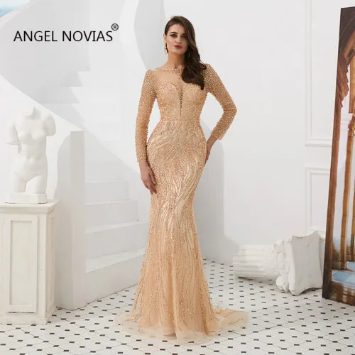 Шампанское ANGEL NOVIAS/Роскошные Серебристые вечерние платья с длинными рукавами в стиле Русалочки Abendkleider, вечерние платья с кристаллами и бусинами - Цвет: Шампанское