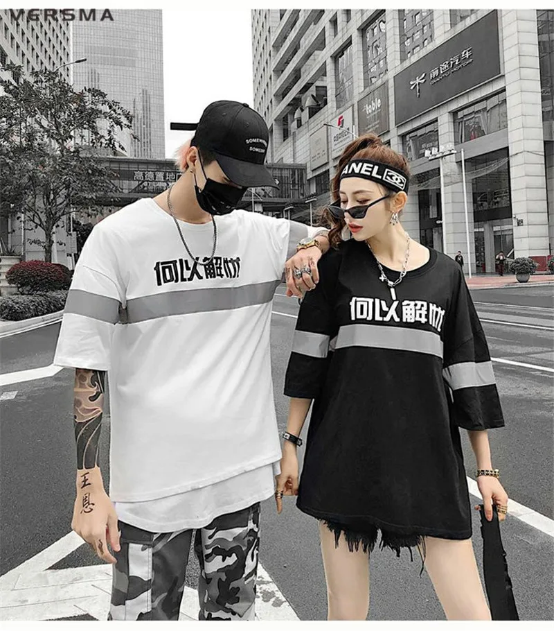 VERSMA корейская Harajuku Светоотражающая светящаяся китайская печатная Футболка мужская летняя Высокая улица K поп винтажная парная Футболка мужская
