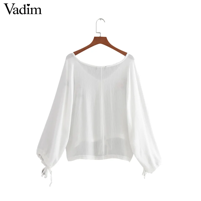 Vadim V neck bow tie floral embroidery loose shirts oversized see through long sleeve blouse ladies fashion tops blusas LT1971 |