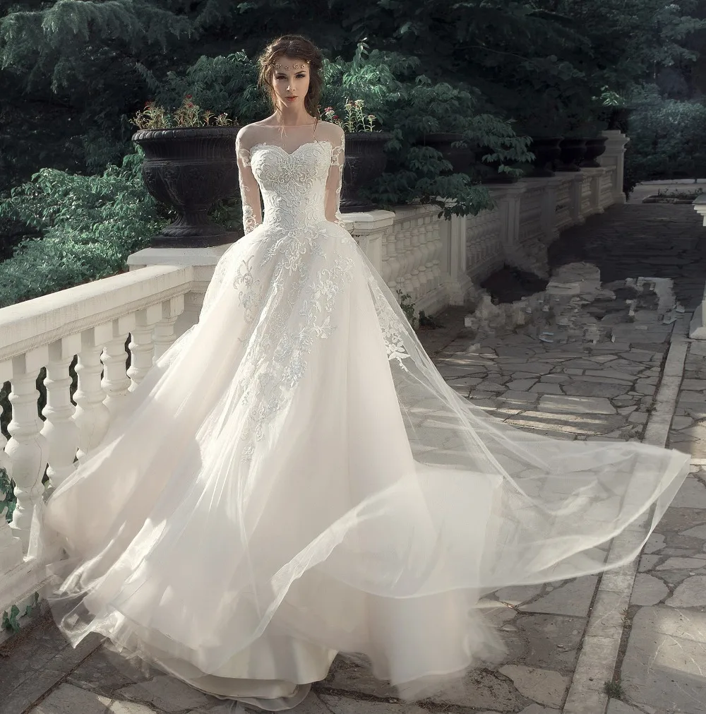Свадебное платье с круглым вырезом длинным рукавом и шлейфом|bridal gown lace|gown lacetulle