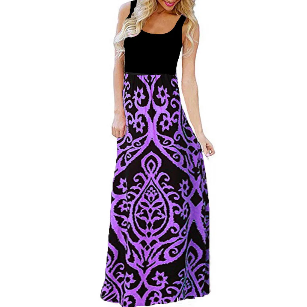 Длинное платье без рукавов с этническим принтом летнее пляжное в богемном стиле