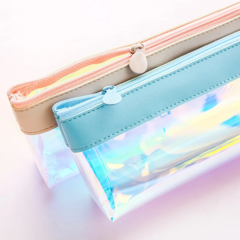 Пенал из ПУ кожи прозрачный переливающийся с лазерным покрытием школьные