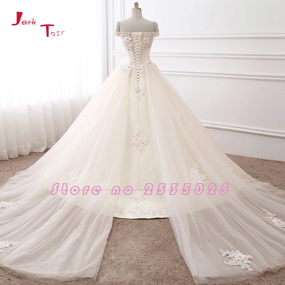 Jark Tozr New Arrive Boat Neck Short Sleeve Colorful Appliques Flowers Shiny Beading Crystal Satin Wedding Dress Casamento | Свадьбы и