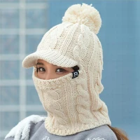 2021 warm neck knit hat fur pompoms hat mask winter hat for girl wool knitted hat female balaclava caps gorras bonnet