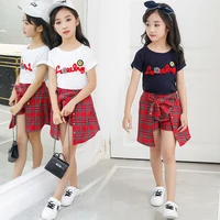 kids girls white naby blue clothing sets letter t shirt plaid bow skirt two piece set child teen girls 4 6 8 10 12 clothes set