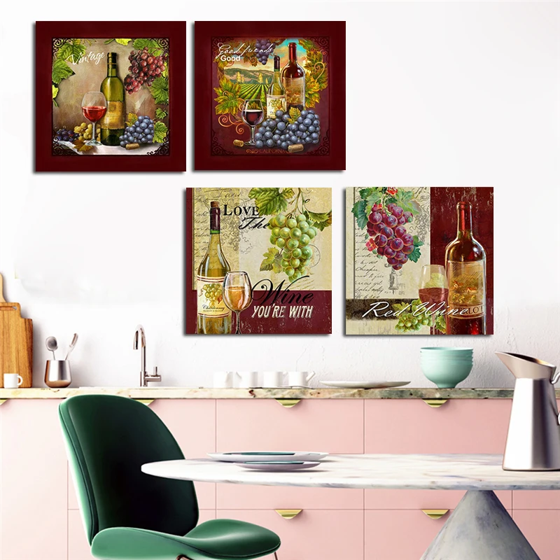 4 Piece Modern Kitchen Grape Red Wine Cup Bottle Canvas Paintings Wall Art Set Bar Dinning Decor Picture for Living Room | Дом и сад