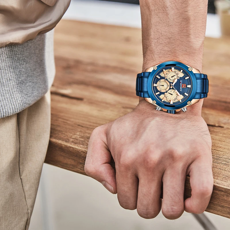 Топ бренд класса люкс NAVIFORCE синие золотые часы мужские модные спортивные