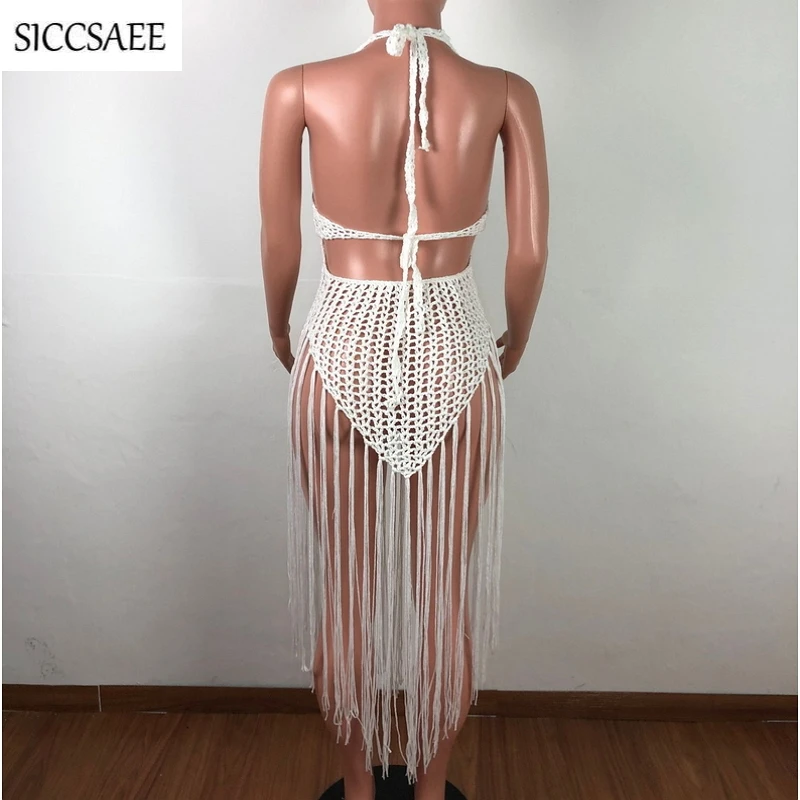 

2019 Beach Style Halter Crochet Dresses Tassels Sheer Sexy Backless Vestidos De Fiesta Fit And Flare Dress See Through Cut Out