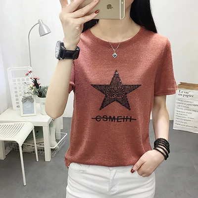Brick red Shintimes летняя Корейская Vogue Женская Футболка Винтаж базовая с круглым вырезом принт бриллианты короткий рукав свободная футболка для отдыха Femme - Цвет: Brick red