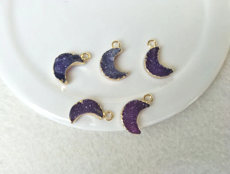 5 шт. 12 мм золотого цвета естественный кварцевый друзи подвеска бусины камень геод друзи полумесяц оберег Ювелирные изделия ожерелье браслет изготовление PD474.