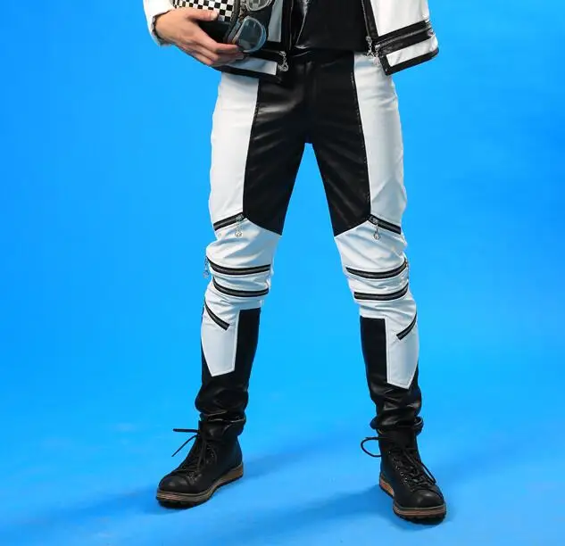 Stage personality men pants white black splice pant mens trousers singer dance rock pantalon homme street star style novelty | Мужская