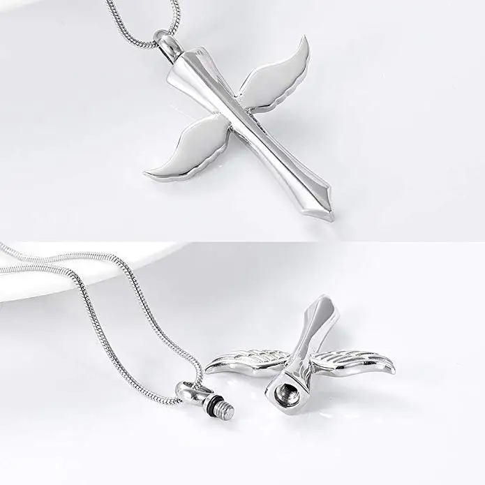 

JJ001 Unique Cremation Jewelry With Angel Wing Cross Stainless Steel Memorial Urn Pendant Necklace For Ashes Of Loved Ones