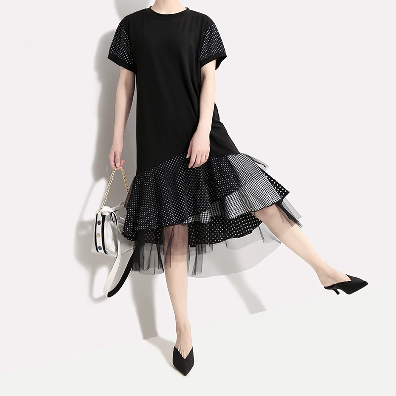 Женский сарафан с короткими рукавами прямое платье средней длины в горошек