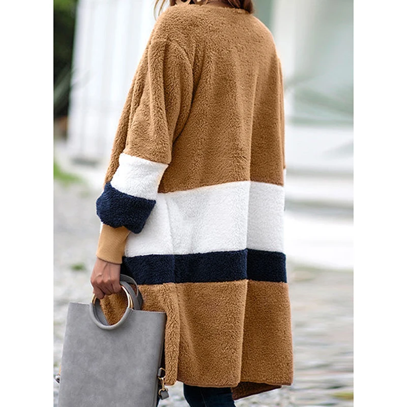 Autumn Women Overcoat Casual Loose Thick Warm Slim Pockets Cardigans Long Sleeve Cardigan Patchwork Color Knit Tops |