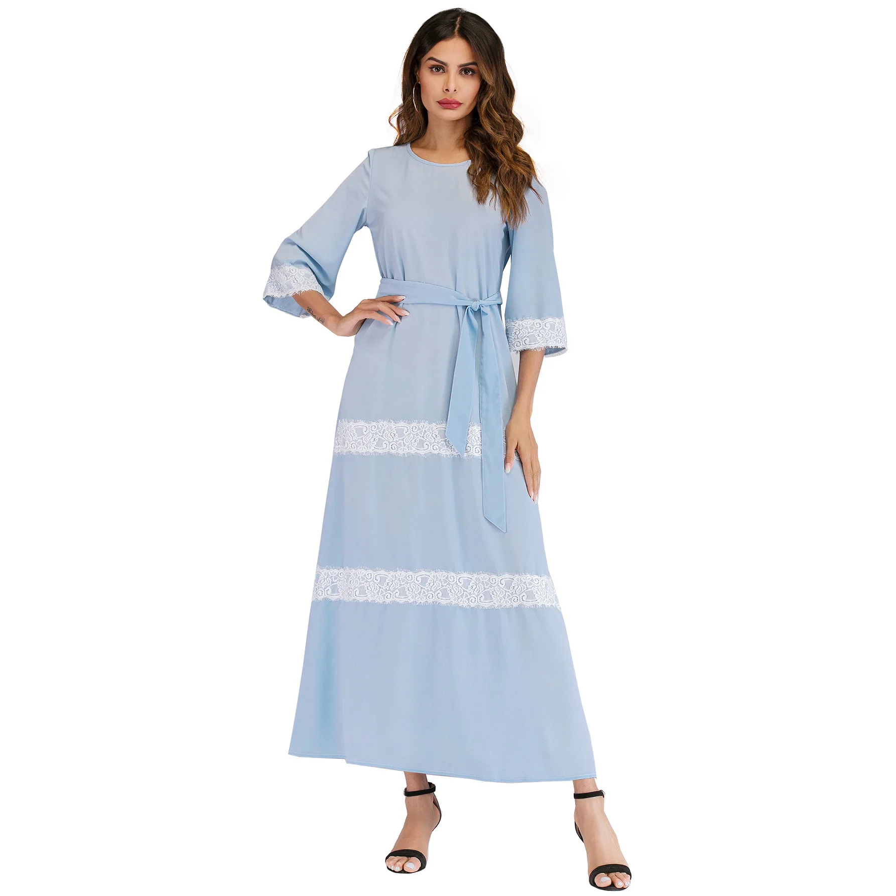 

Fashion Women's Muslim Summer Temperament Slim Sleeve Abaya Lace Stitching Belt Muslim Dress