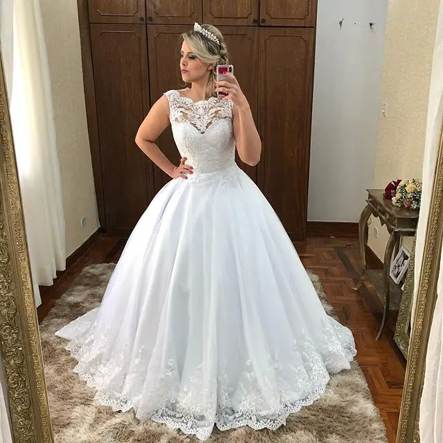

Vestido De Noiva Princesa Lace Wedding Dresses 2019 Sleeveless A Line Appliques Buttons Back Bridal Wedding Gowns Bride Dress