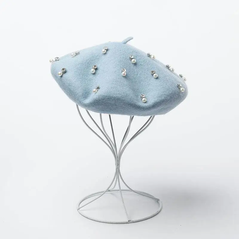 COKK шерстяной берет, женская шапка, Осень-зима, ручная работа, полностью Стразы, жемчужные бусины, Дамский берет, шапка, шапка для женщин, Корейская шапка для художника - Цвет: Небесно-голубой