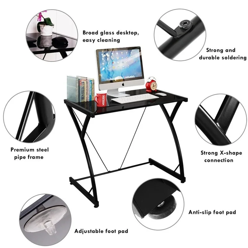 

Simplistic Tempered Glass Top Computer Desk Writing Study Workstation Classic Sturdy Steel Z-shaped Frame Gaming Desk HW54037