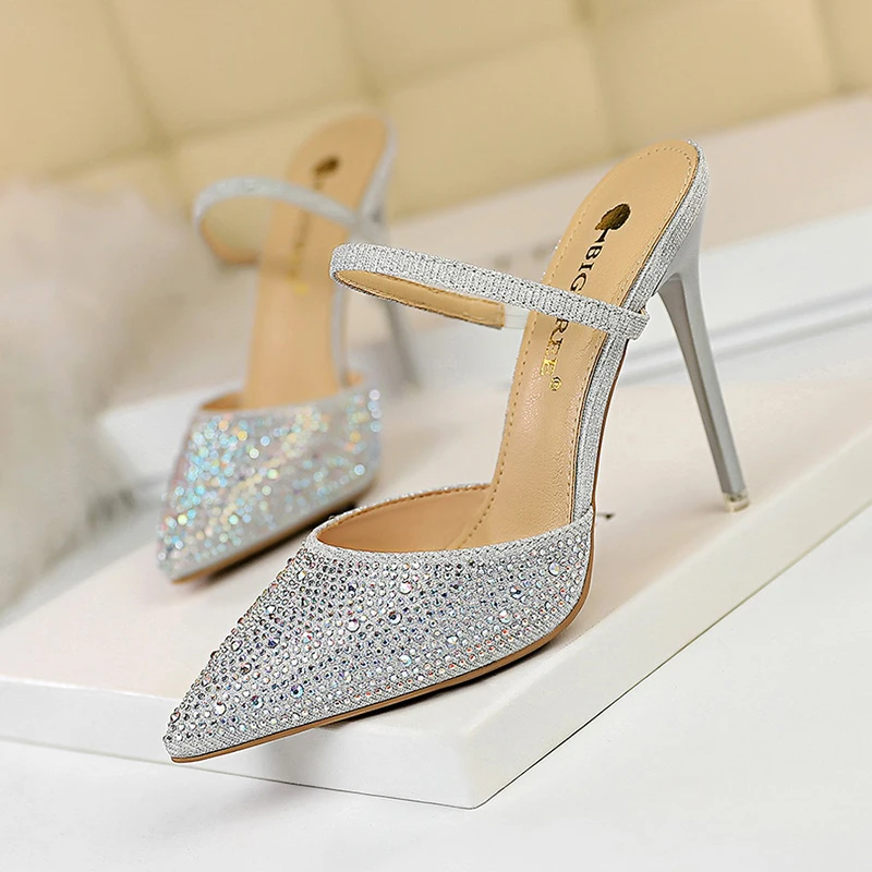 BIGTREE green sandals high heels summer shoes woman sexy rhinestone sandales femme 2019 stiletto shallow party sandalia feminina | Обувь