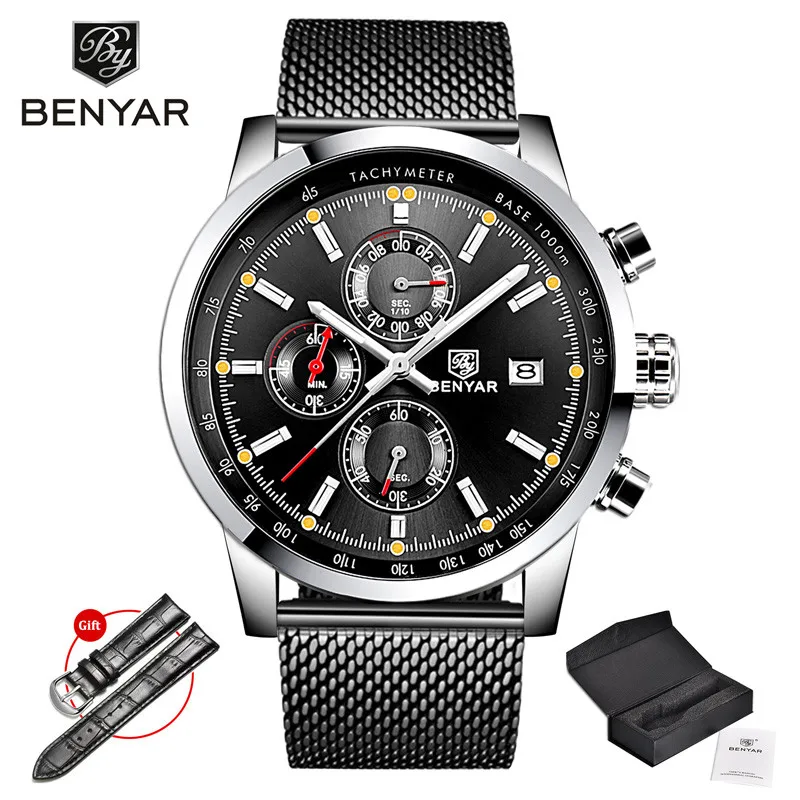 Black BENYAR мужские часы Топ бренд часы для мужчин Роскошные наручные часы для мужчин s Кварцевый Хронограф военные часы Relogio Masculino - Цвет: Black