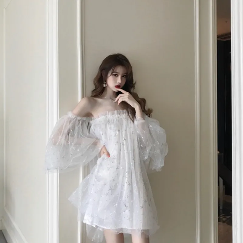 MSSNNG 2019 Summer New Korean Sexy Word Collar Strapless Stars Loose Mesh Dress Fairy Formal Women Elegant | Женская одежда