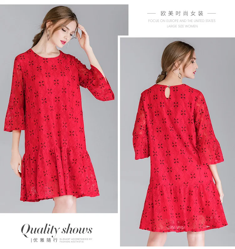 Queechalle, красное, черное кружевное платье, женское, с вырезом, три четверти, расклешенный рукав, а-силуэт, платье с оборками, XL-4XL размера плюс вечерние платья