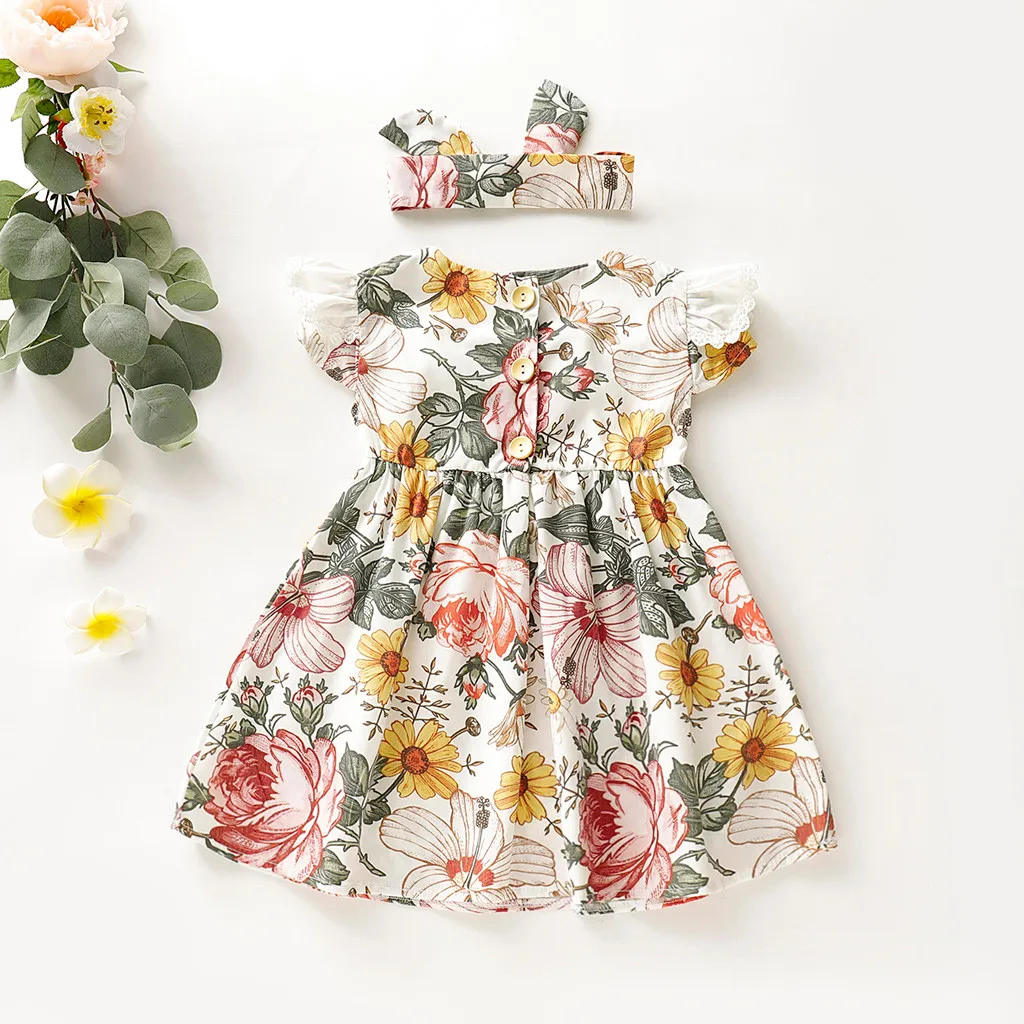 Girls Dress Baby Kids Floral Print Sleeveless+Hairband Party Princess Dresses Clothes Meisjes Jurk Summer Cotton Clothing | Детская